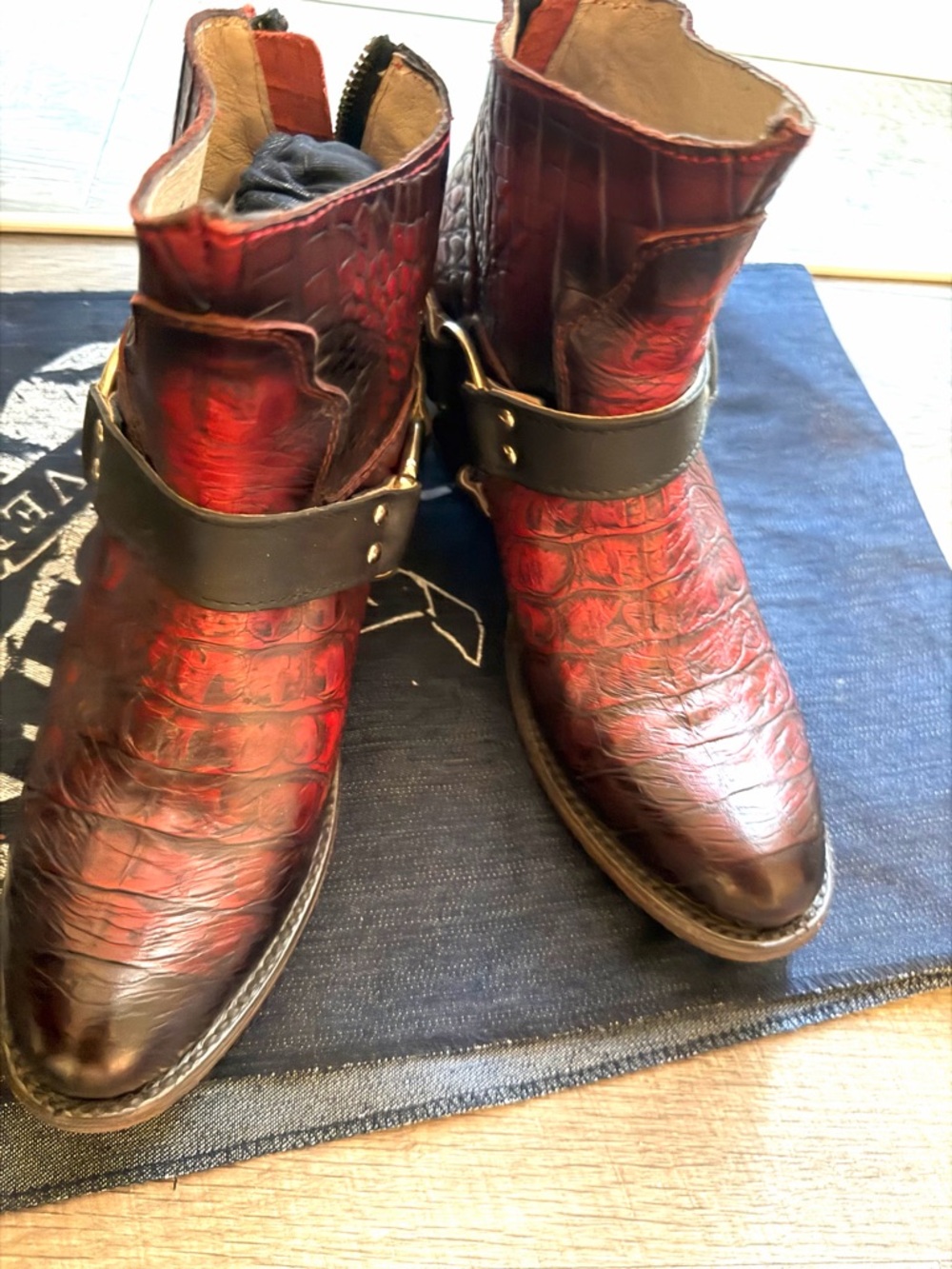 Freebird by Steven Red Croc-Embossed Leather Harness Booties Santiago